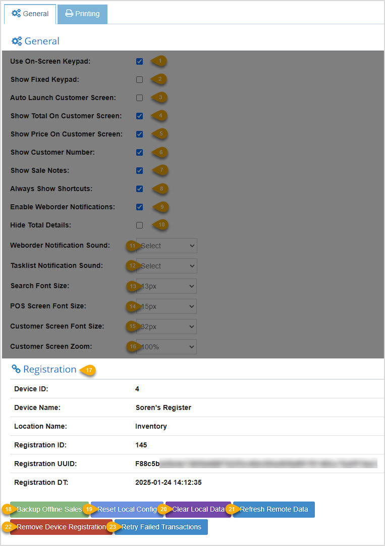 Image showing the General Settings tab of the Bottle POS app's Settings area with lower settings highlighted.