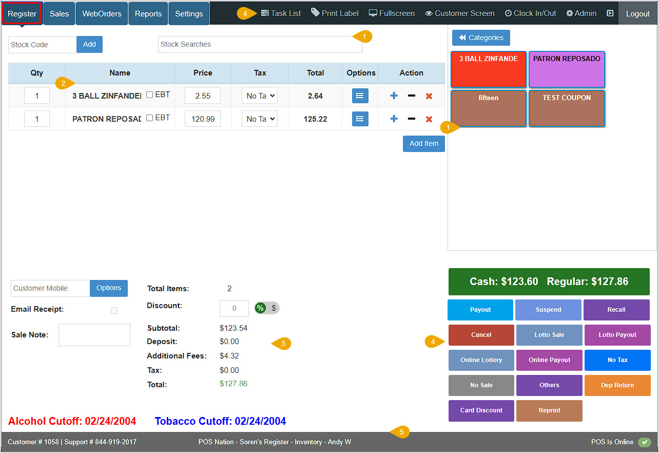 Image of the Bottle POS Register page with numbered pointers showing key areas.