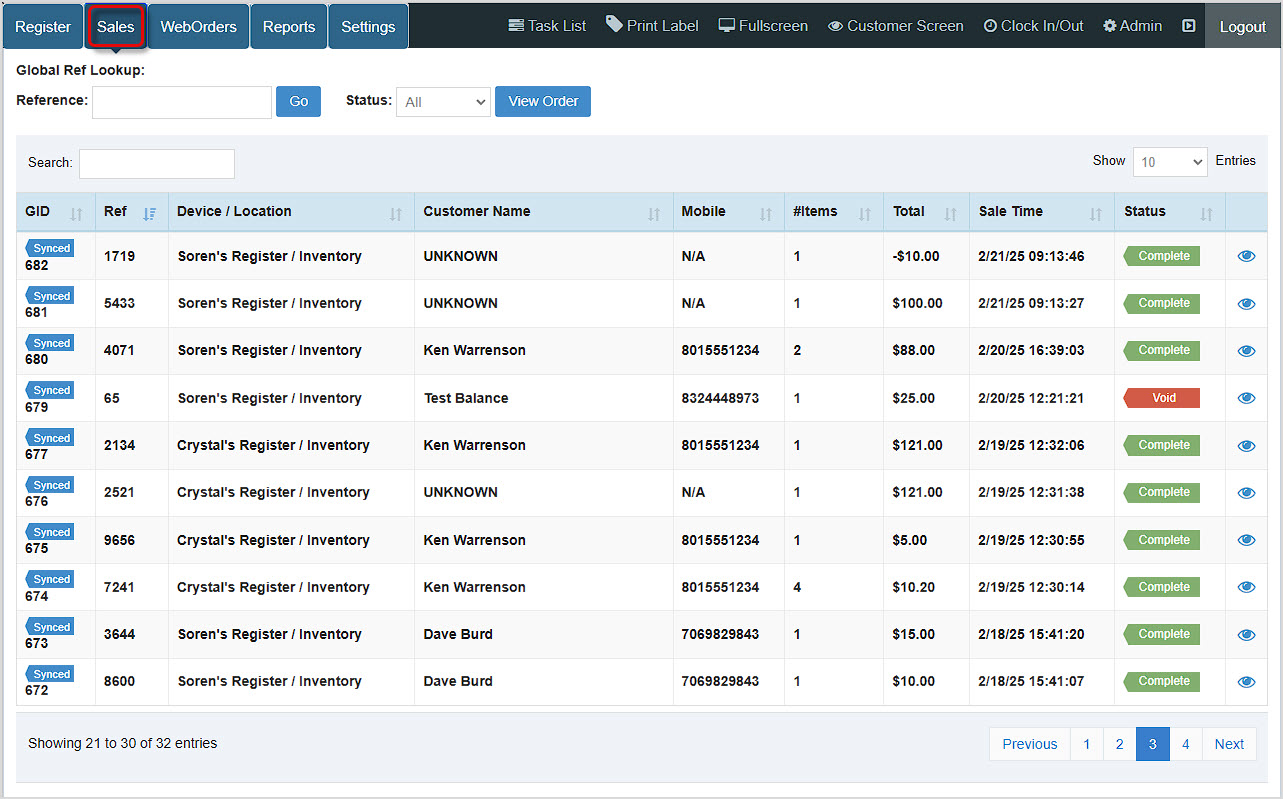 Image of the Sales tab of the Bottle POS showing recent transactions.