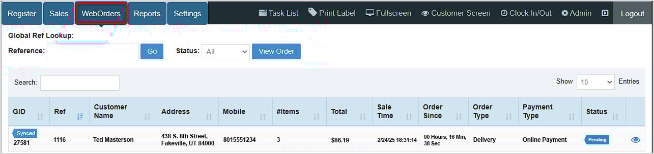Image of the WebOrders page of the Bottle POS showing information about a pending online order.