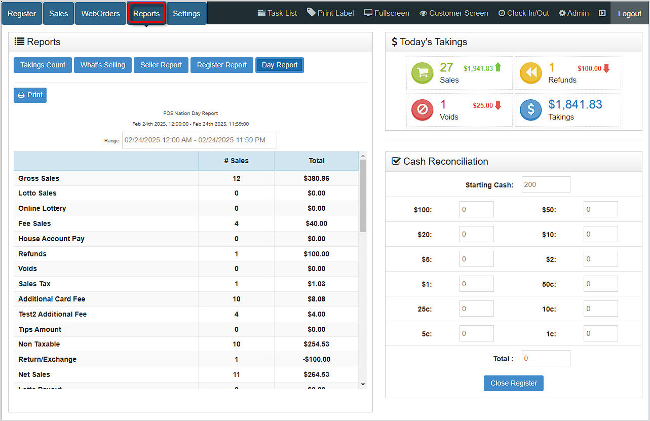 Image of the Reports page of the Bottle POS app showing the Day Report, Today's Takings details, and the Cash Reconciliation tool.