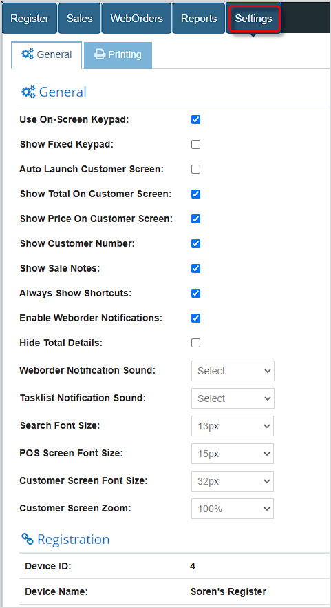Image of the General settings tab for the Bottle POS app.