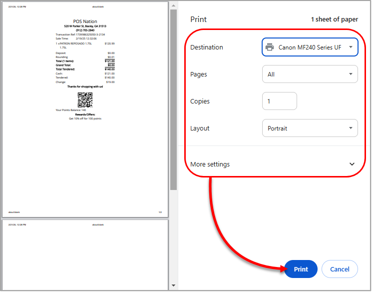 Image showing a Bottle POS Receipt in the printer dialog box for the Chrome browser with printing functions highlighted.