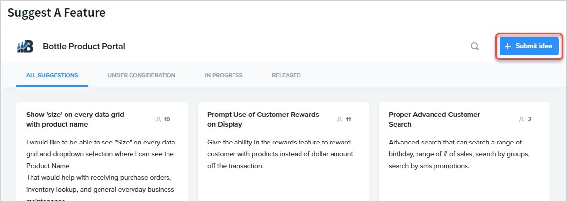 Image showing the Suggest a Feature page of the Bottle POS Admin with the Submit Idea button highlighted.