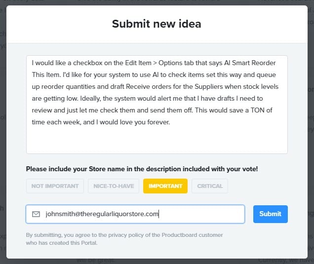 Image showing the Submit New Idea window of the Bottle POS Admin.