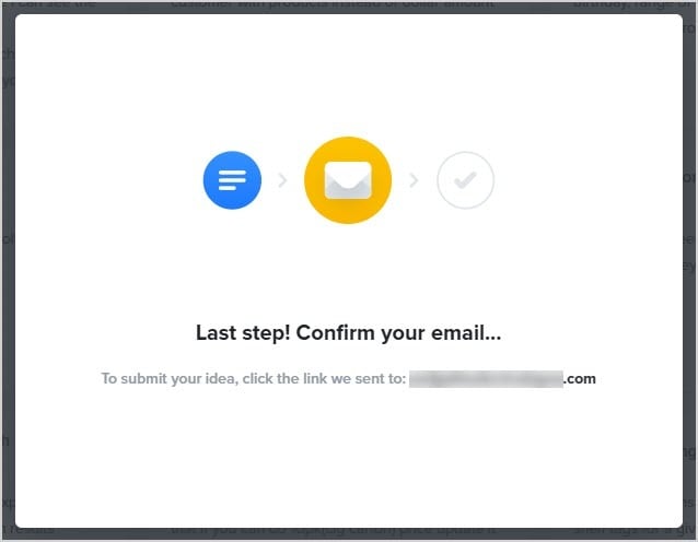 Image showing the email confirmation window for feature suggestion in the BottlePOS system.