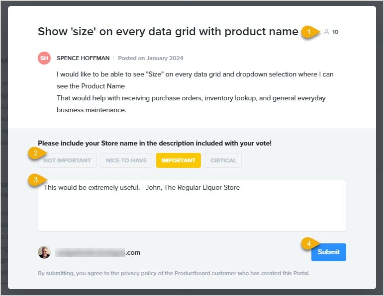 Image showing the feature suggestion window in the BottlePOS system with key functions highlighted.