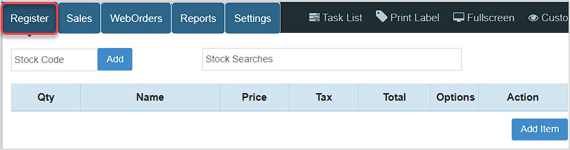Image showing the BottlePOS Register with the Register tab highlighted in the upper left.