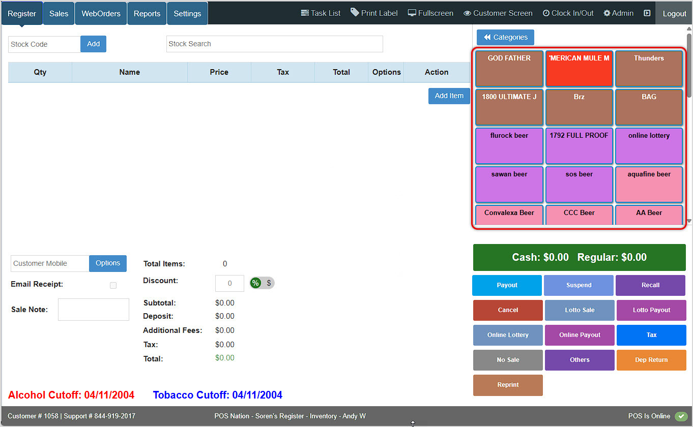 Image of the BottlePOS Register highlighting on the Shortcut keys area in the upper right.