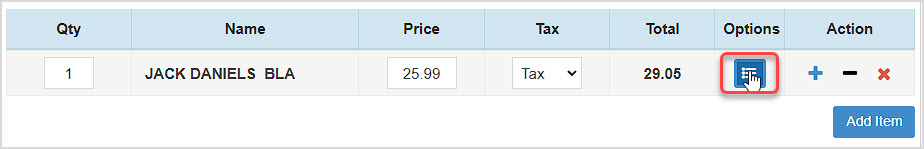 Image showing a line item in the BottlePOS Register highlighting the Options button.