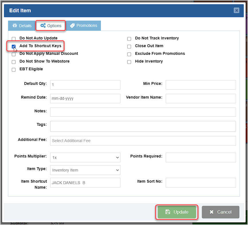 Image showing the Edit Item window of the BottlePOS Register with the Add to Shortcut Keys function highlighted.
