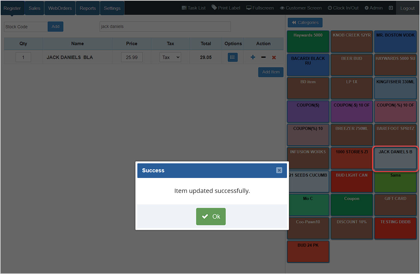 Image showing the BottlePOS Register highlighting a new Shortcut key that has just been added.