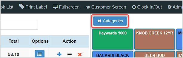 Image showing the upper area of the BottlePOS Register and highlighting the Categories button.