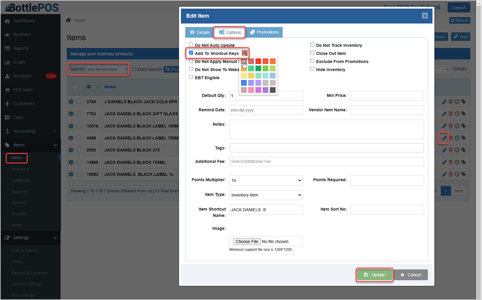 Image showing the Options tab of the Edit Item window in the BottlePOS Admin app and highlighting the color-picker for the shortcut key.