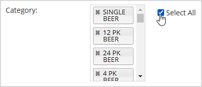 Image showing the Category selection area of the Scan Data Program page of the Bottle POS Admin.