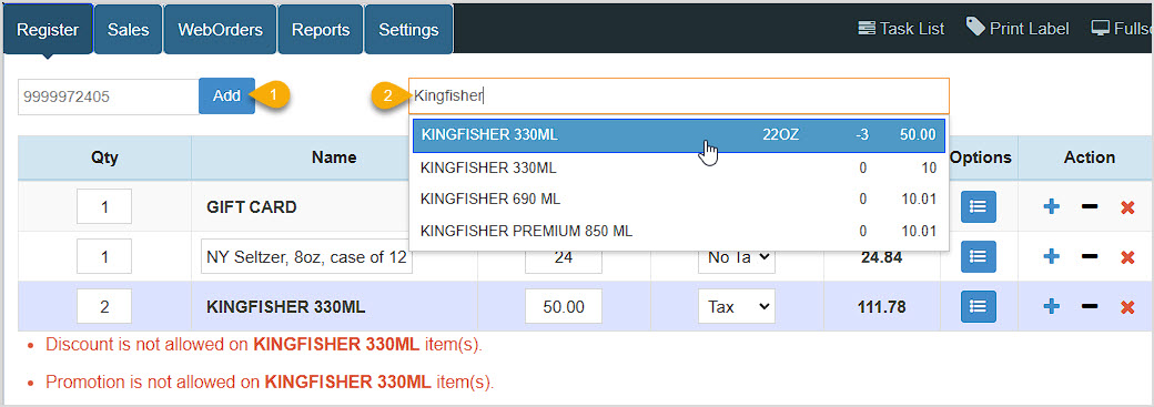 Image showing the Bottle POS Register with the barcode scan field and stock lookup field highlighted.