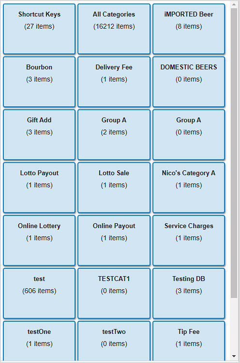 Image showing the Categories view of the Shortcut keys area of the BottlePOS Register.