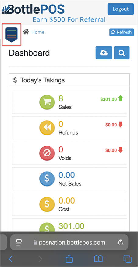Image displaying the Dashboard page of the Bottle POS Admin Dashboard accessible on a Smartphone.