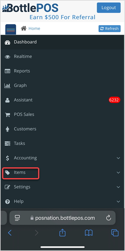 Image displaying the Items tab in the Bottle POS Admin app on a smartphone.