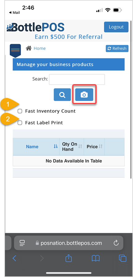 Image displaying the Fast Inventory Count and Fast Label Print checkboxes on the Items page of the Bottle POS Admin mobile app.