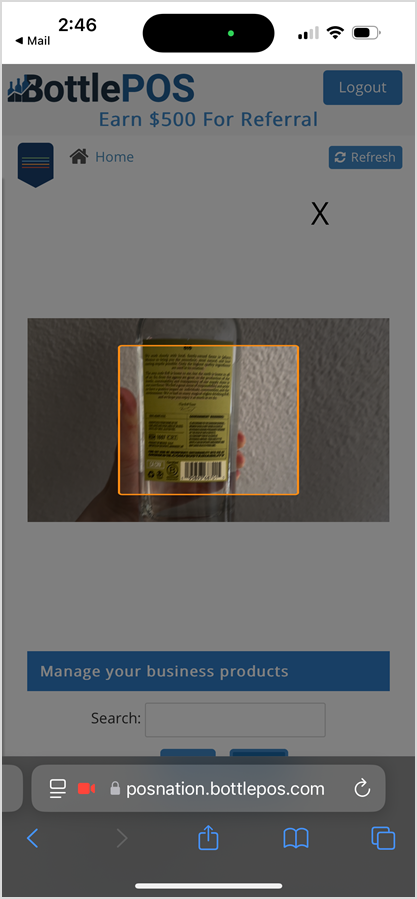 Image displaying how to scan an item via smartphone camera with the Bottle POS mobile Admin app.