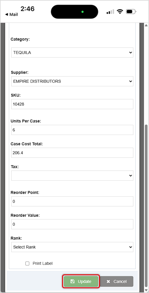 Image displaying the edit page that pops up after scanning in your item's barcode into the Bottle POS mobile Admin app.