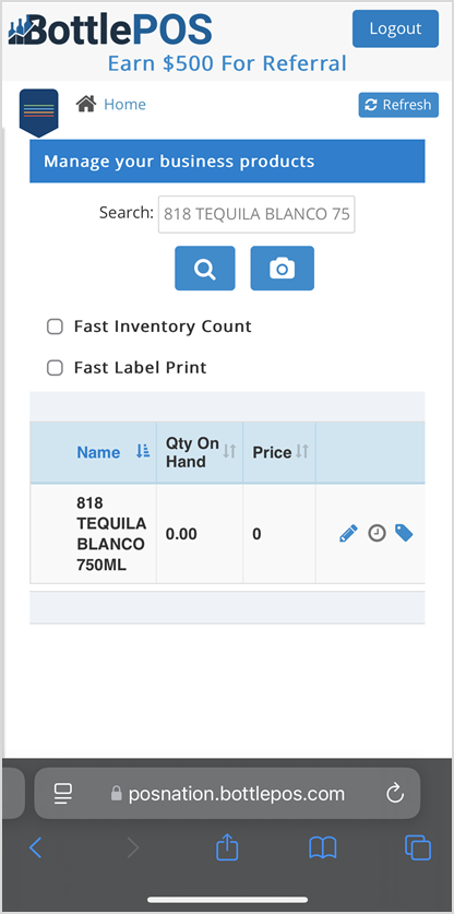 Image of a newly-added item in the Bottle POS mobile Admin app.