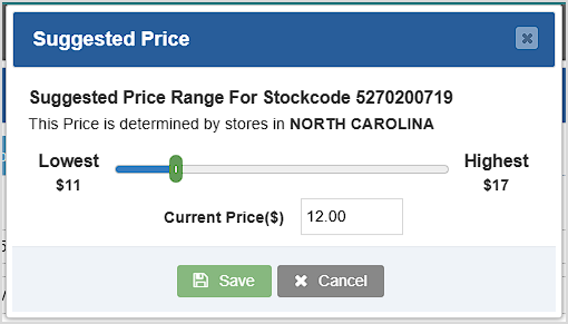 Image showing the Suggested Price window of the Bottle POS for an item.