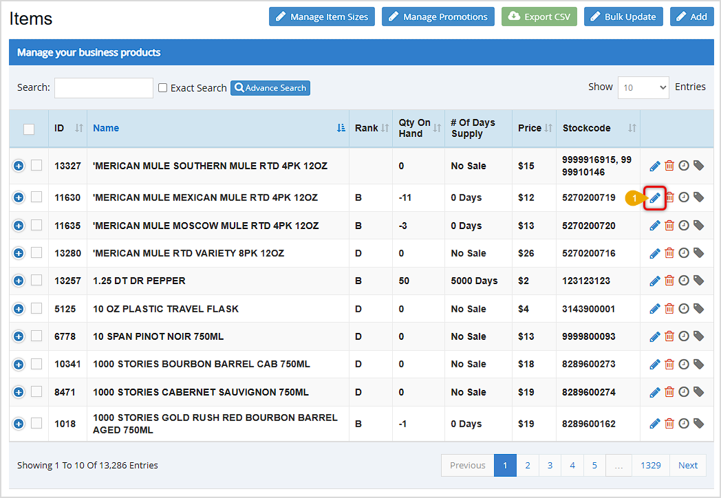 Image showing the Items window of the Bottle POS Admin and highlighting the pencil icon you can use to edit an item.