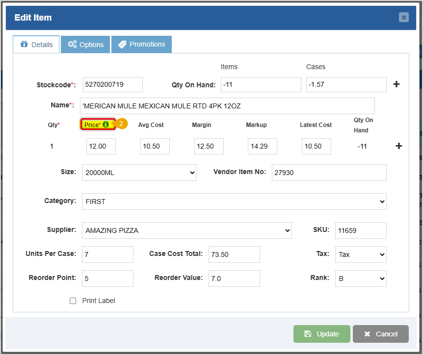 Image showing the Details tab of the Edit Item window of the Bottle POS Admin with the Price info icon highlighted.