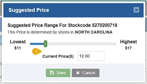 Image showing the Suggested Price window of the Bottle POS for an item.