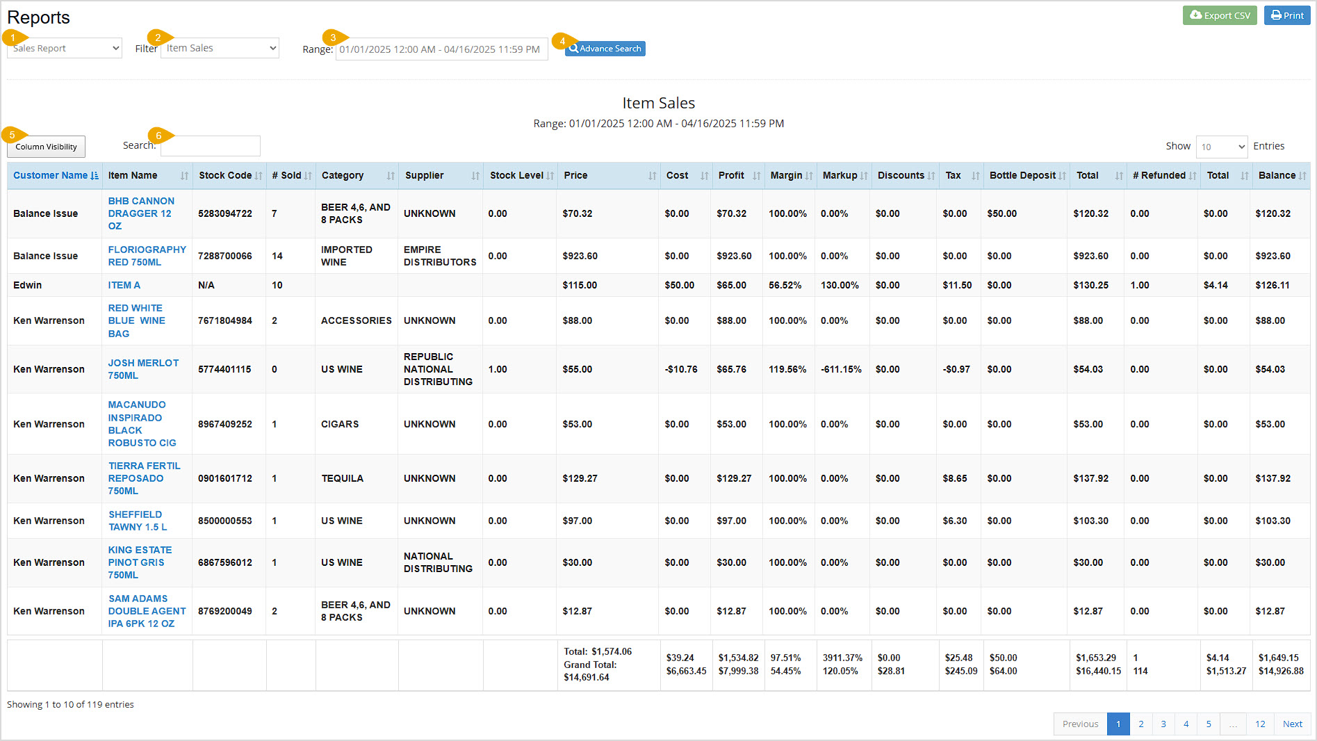 Sales Report page of the Bottle POS displaying the Item Sales View.
