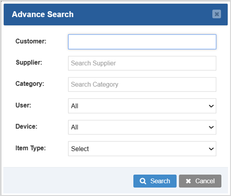 Image displaying the Advance Search window of the Bottle POS Sales Report.