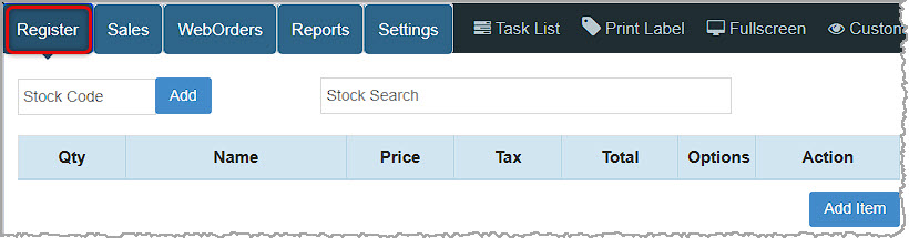 Image showing the Bottle POS Register with the Register tab highlighted.