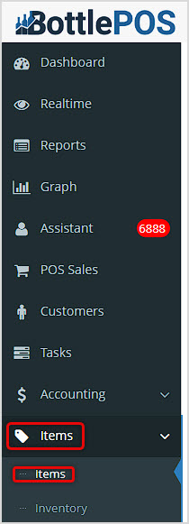 Image showing the Items page of the Bottle POS Admin's main menu.