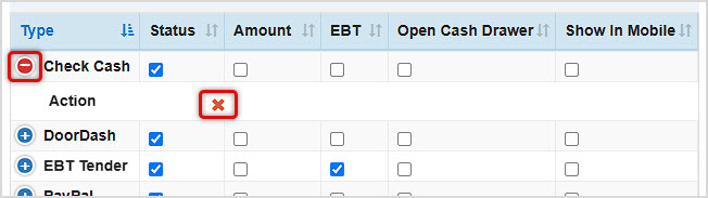 Image showing an expanded Tender Type row in the Bottle POS Tenders settings area of the General Settings page with the X icon for deletion highlighted.