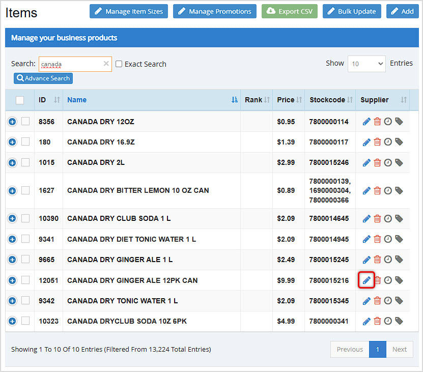 Image showing the Items page of the Bottle POS Admin with the Edit Item function highlighted.