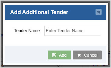 Image showing the Add Additional Tender window of the Bottle POS Admin Tender Settings area of the General Settings page.