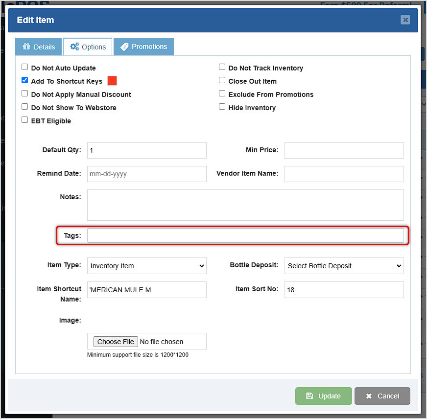 Image showing Options tab of the Edit Item window from the Items page of the Bottle POS Admin with the Tags area highlighted.
