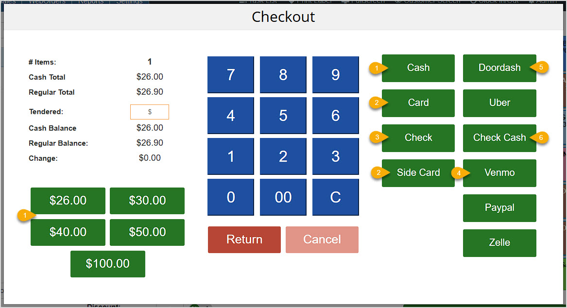 Image showing the Checkout window of the BottlePOS Register with cash payment and tender type buttons highlighted.