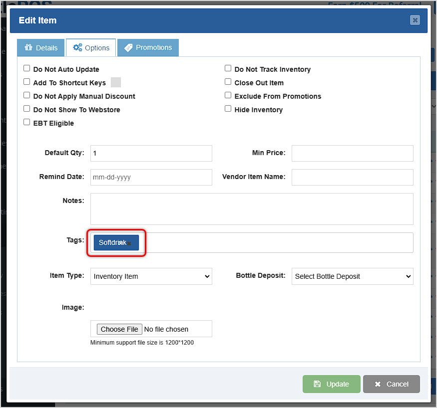 Image showing Options tab of the Edit Item window from the Items page of the Bottle POS Admin with a Tag highlighted.