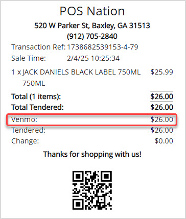 Image of a receipt from the Bottle POS with the tender type highlighted.