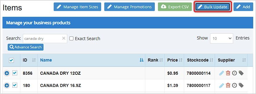 Image showing the Items page of the Bottle POS Admin with the Bulk Update button highlighted.