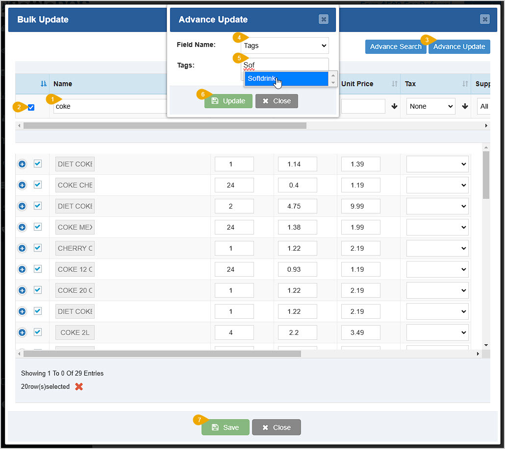 Image showing Advance Update feature of the Bulk Update window from the Items page of the Bottle POS Admin.