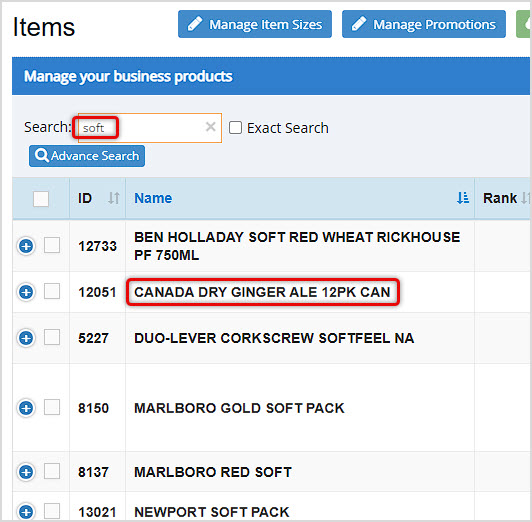 Image showing the Items page of the Bottle POS Admin with a Tag search result highlighted.