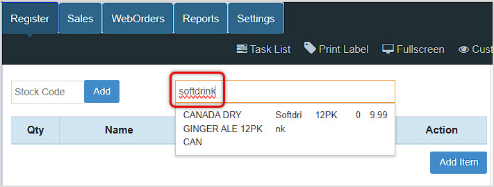Image showing the Bottle POS Registr with a Tag search highlighted.
