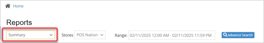 Image highlighting the Reports drop-list of the Bottle POS Admin app. Reports page.