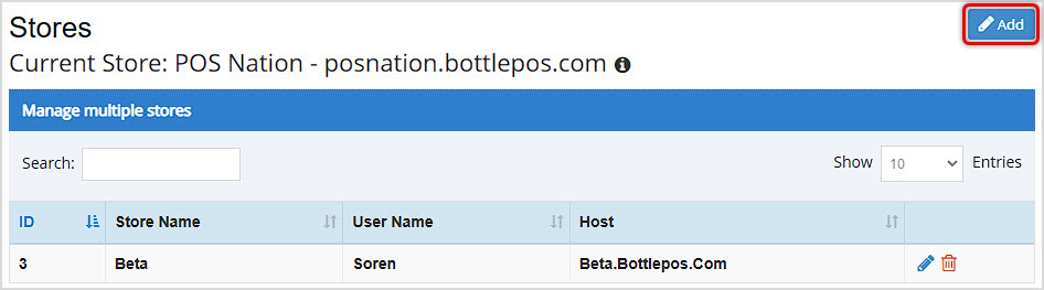 Image showing the Stores page of the Settings area of the Bottle POS Admin with the add store button highlighted.
