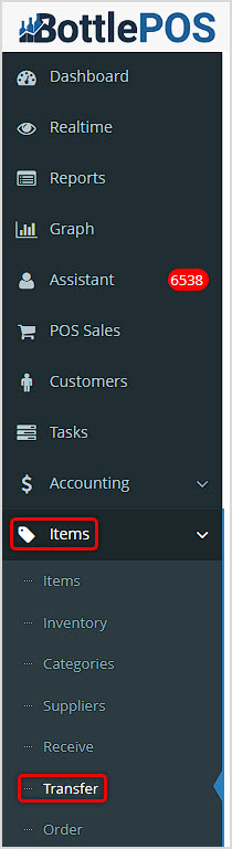 Image showing the main menu of the Bottle POS Admin with the Transfer area of the Items section highlighted.