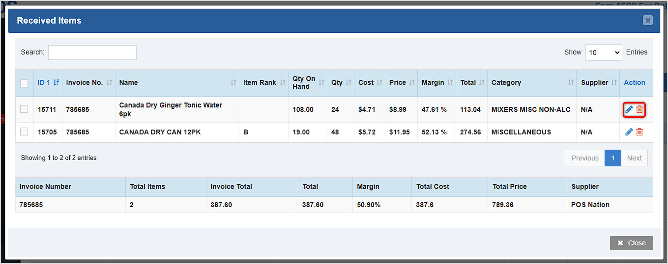 Image showing the Received Items window of the Transfers page of the Bottle POS Admin with action icons highlighted.
